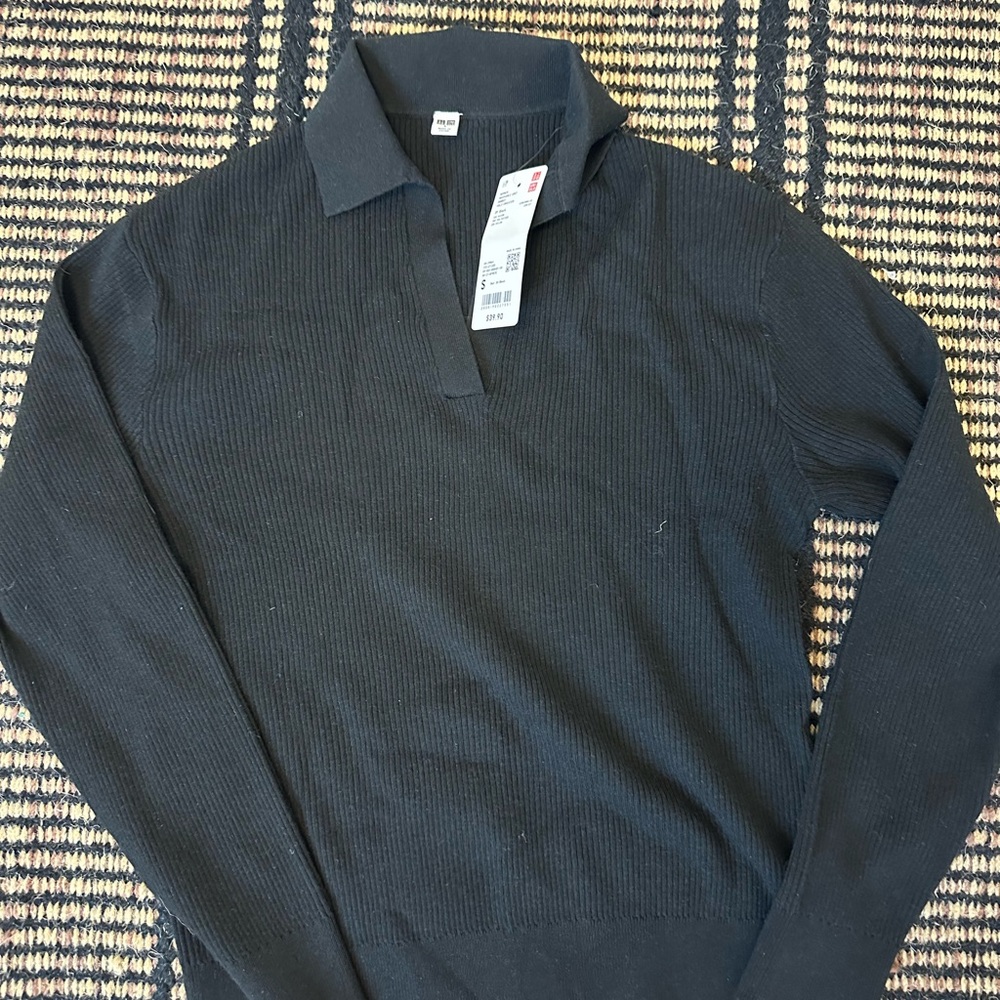 Uniqlo Black Ribbed Long Sleeve Polo
